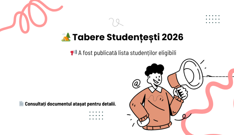 Banner anunț Studenți eligibili pentru tabere studențești 2026 - Facultatea de Management